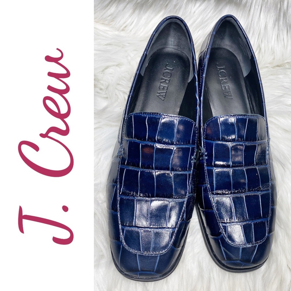 J Crew Maison Navy‎ Blue Croc Embossed Leather Loafer Flats Elegant Office 8.5